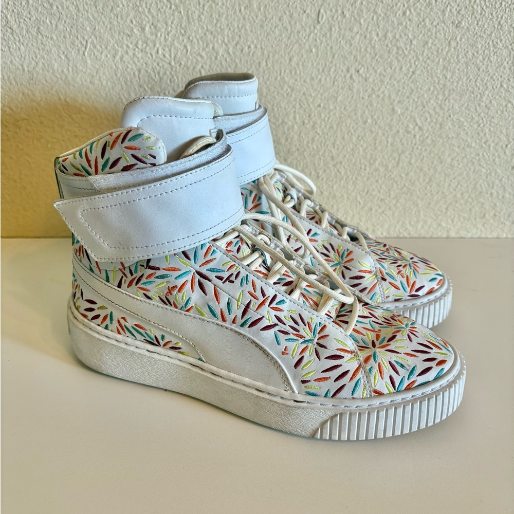 New Puma Women's Size 8.5 Mid Platform 'Kiku' White Sneakers Embroidered
